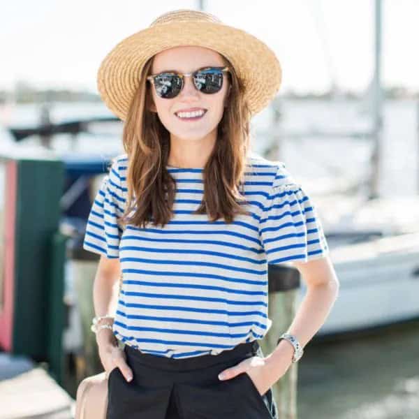 Blue and White Striped T Shirt with Straw Hat