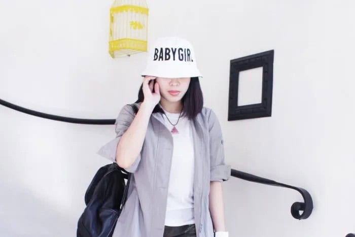 White Bucket Hat with Grey Boyfriend Shirt & Jeans