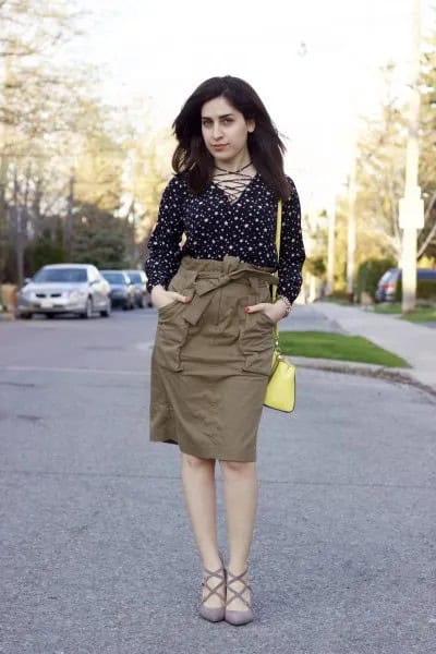 Black and White Polka Dot Blouse with High Rise Green Cargo Skirt