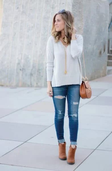 White Sweater with Blue Ripped Skinny Jeans & Tan Ankle Boots