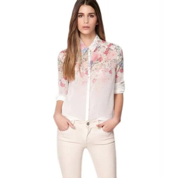 White Floral Chiffon Shirt with Skinny Jeans