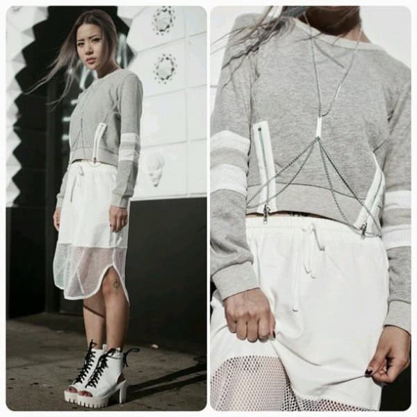 Grey Cropped Sweatshirt with White Mesh Midi Skirt