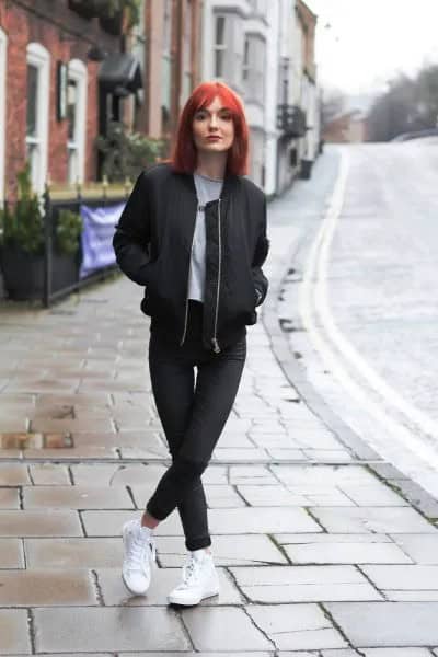 Black Jacket with Matching Skinny Jeans & White Sneakers