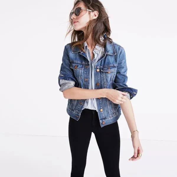 Denim Motorcycle Jacket with Striped Shirt & Black Skinny Jeans