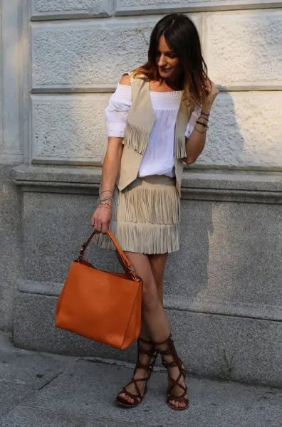 White Off The Shoulder Blouse with Crepe Fringe Vest & Orange Handbag