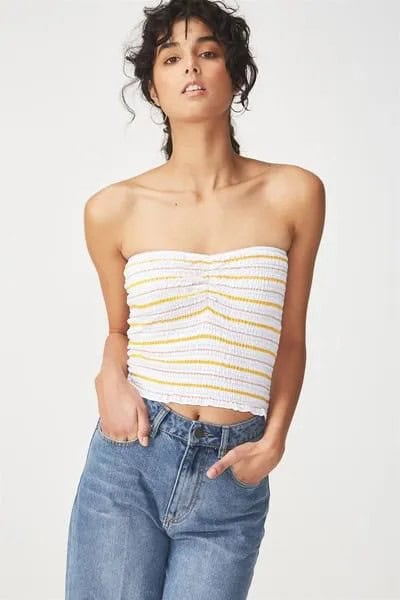 White and Orange Striped Cropped Tube Top with Blue Straight Leg Jeans