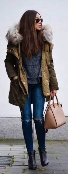 Brown Faux Fur Hooded Longline Bomber Jacket with Ripped Skinny Jeans