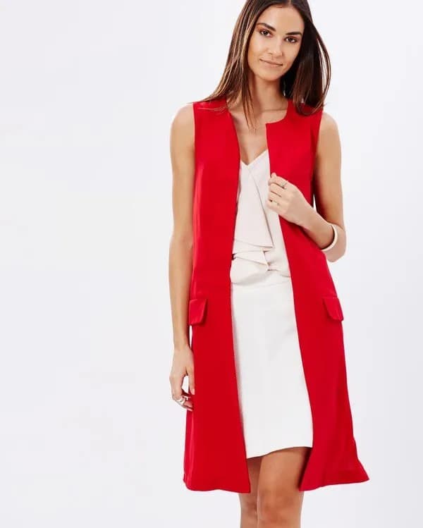 Red Long Sleeveless Cardigan with White Dress