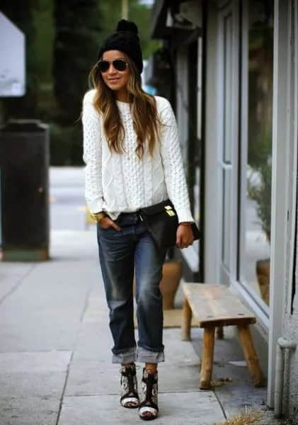 White Cable Knit Chunky Sweater with Black Cuffed Boyfriend Jeans & Knit Hat