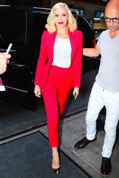 Red Blazer with Matching Ankle Pants & White long Sleeve Fitted Tee