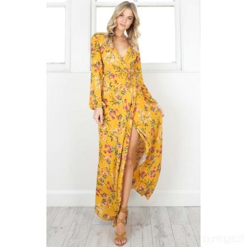 Mustard Yellow Floral Printed High Split Long Wrap Dress