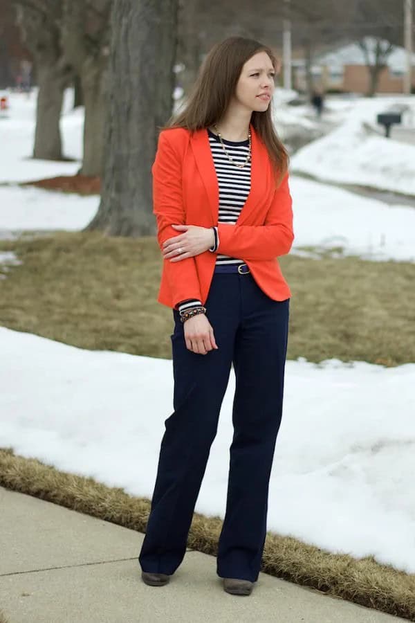 Blazer with Black and White Striped Long Sleeve Tee & Wide Leg Pants