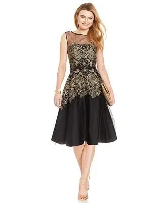 Black Semi-Sheer Lace Midi Skater Dress