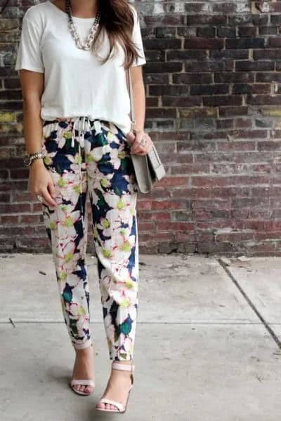 White T Shirt with Navy Floral Pants