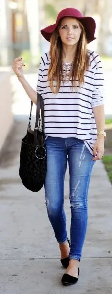 Wear with Navy and White Striped Tee & Skinny Jeans