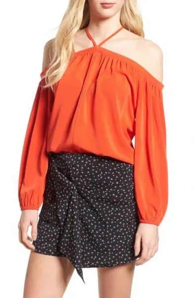 Red Off the Shoulder Halter Top with Black Polka Dot Skirt