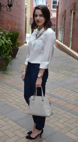 Silk Button Up Blouse with Black Slim Fit Jeans & Heels