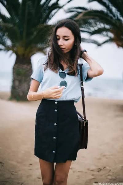 Grey T Shirt with Black High Waisted Button Down Mini Skirt