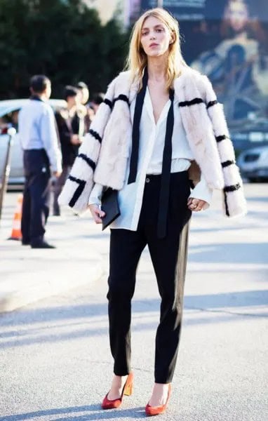 White and Black Striped Faux Fur Coat with Black Chinos & Orange Heels