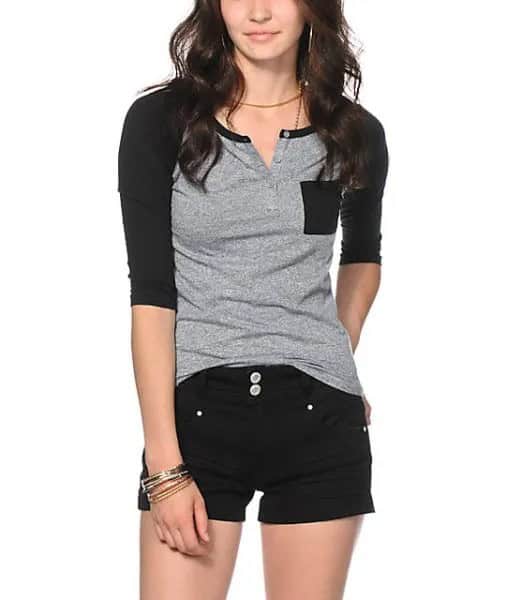 Black and Grey Half Sleeve Henley Shirt with Mini Denim Shorts