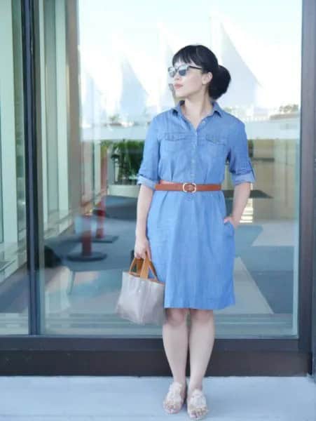 Chambray Belted Shirt Dress with Grey Leather Purse