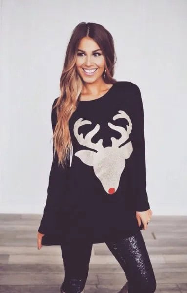 Black Holiday Sweater Dress with Sequin Leggings