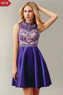 Silver and Purple Semi-Sheer Floral Embroidered Cocktail Dress