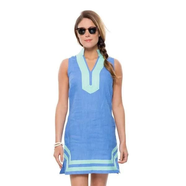 Sky Blue and White V Neck Sleeveless Tunic Dress