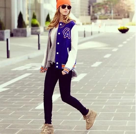 Royal Blue and White College Jacket with Chiffon V Neck Top