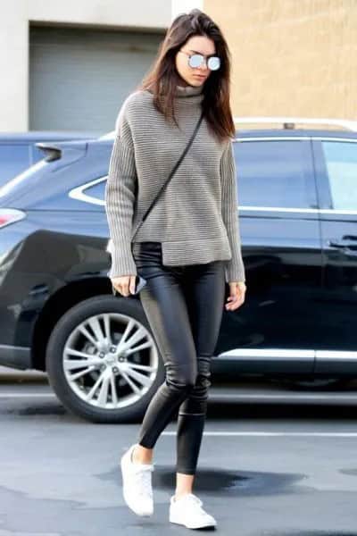 Grey Turtleneck Relaxed Fit Knit Sweater with Black Leather Leggings