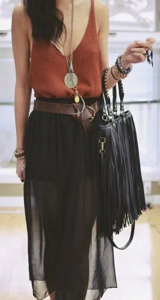 Green Scoop Neck Vest Top with Black Chiffon Midi Skirt & Fringe Leather Bag