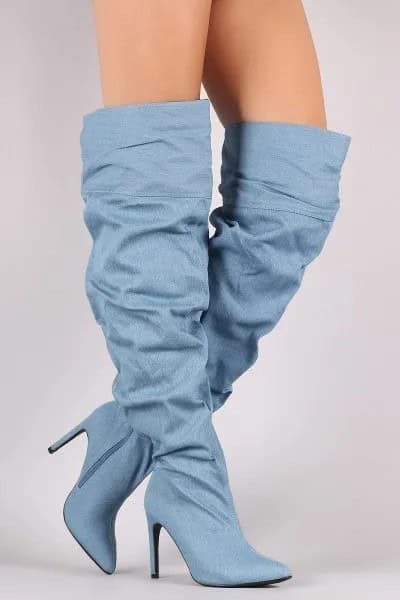 Wide-Calf Denim Knee High Heeled Boots