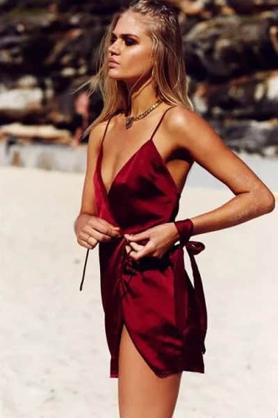 Red Deep V Neck Wrap Mini Dress