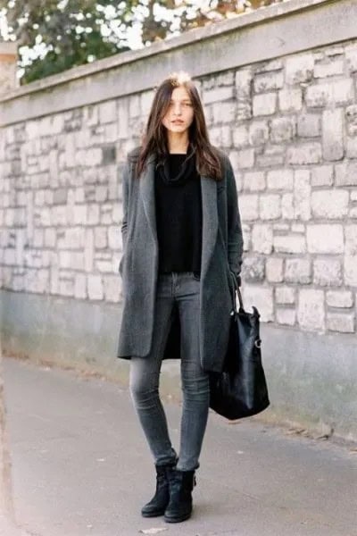 Grey Long Wool Coat with Black Sweater & Leather Ankle Boots