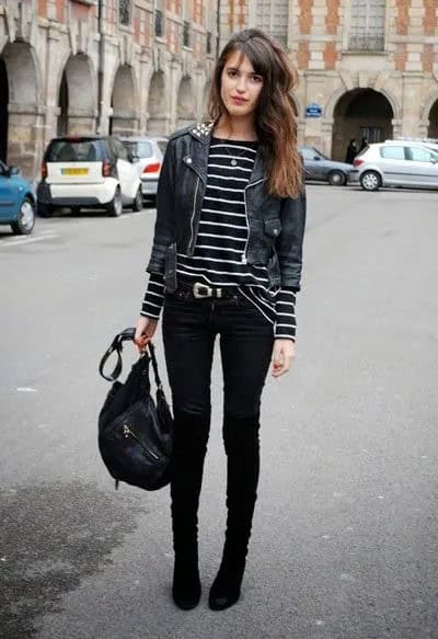 Leather Jacket + Striped Shirt