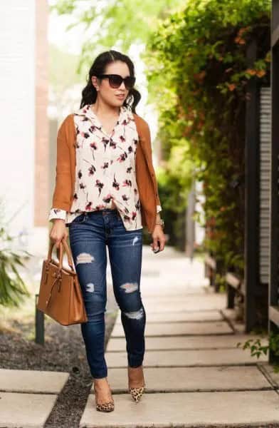 Red Cardigan with White Floral Blouse