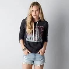 Black Graphic Hoodie with Light Blue Mini Denim Shorts