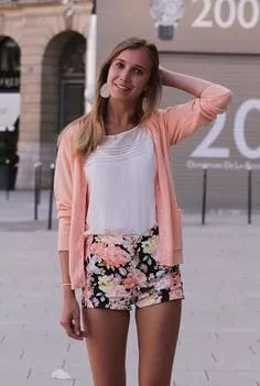 Blush Pink Cardigan with White Tee & Black Floral Cotton Shorts