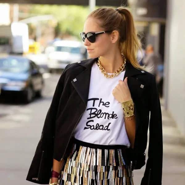 White Print Tee with Gold Chain Necklace & Black Blazer