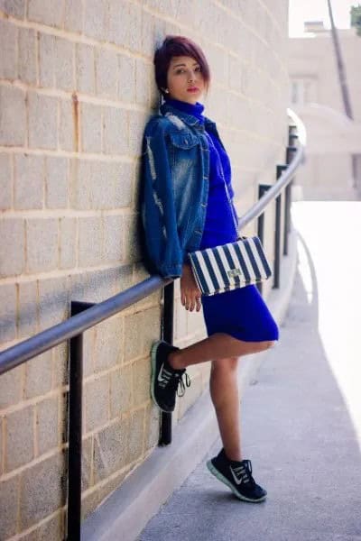 Cobalt Blue Mini Shift Dress with Denim Jacket