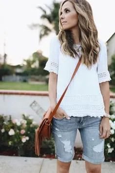 White Lace Top with Ripped Grey Denim Long Shorts