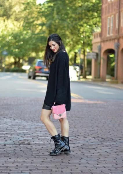 Oversized Black Knit Sweater with Leather Skirt