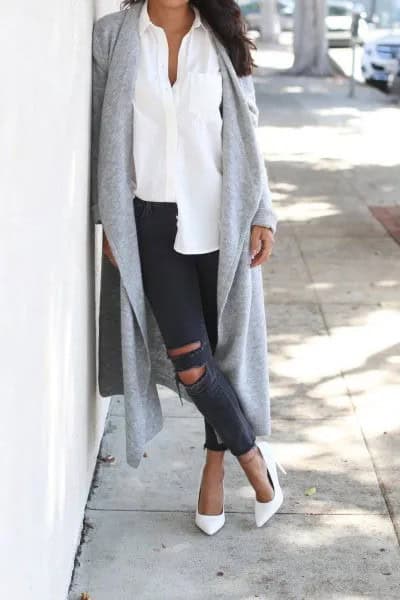 White Sleeveless Blouse with Grey Cashmere Maxi Cardigan