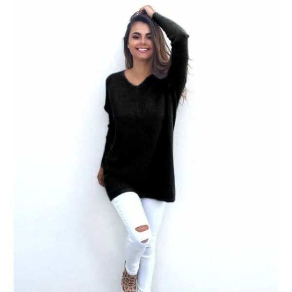 Black V Neck Tunic Jumper with White Ripped Skinny Jeans