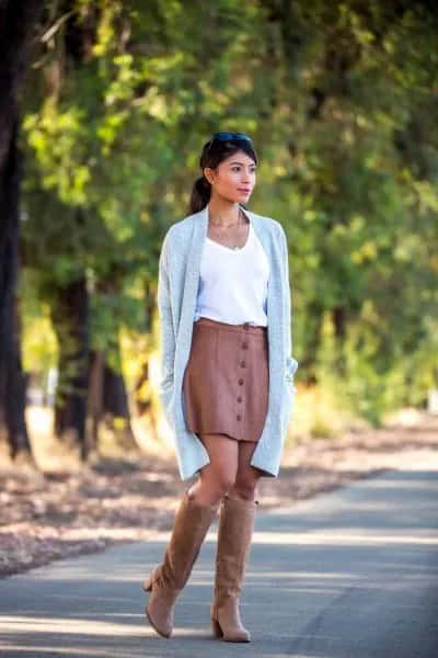 Brown Suede Knee High Boots with Color-Matching Leather Skirt