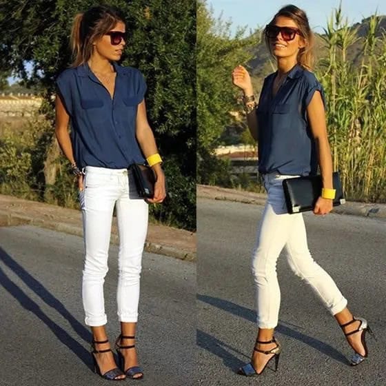 Sleeveless Button Up Shirt with White Skinny Cuffed Jeans