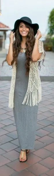 Grey Maxi Dress with White Crochet Lace Vest