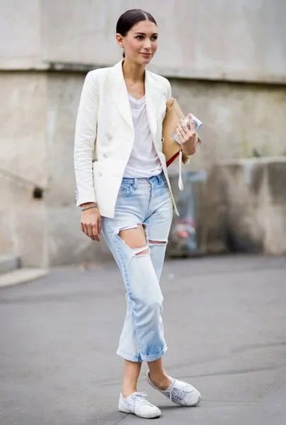 White Oversized Blazer with Light Blue Cuffed Boyfriend Jeans