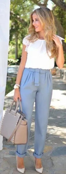 White Short Sleeve Chiffon Blouse with Hot Pink Tie Waist Pants