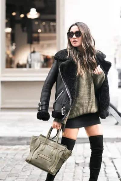 Black Leather Jacket with Ribbed Chunky Sweater & Mini Skirt